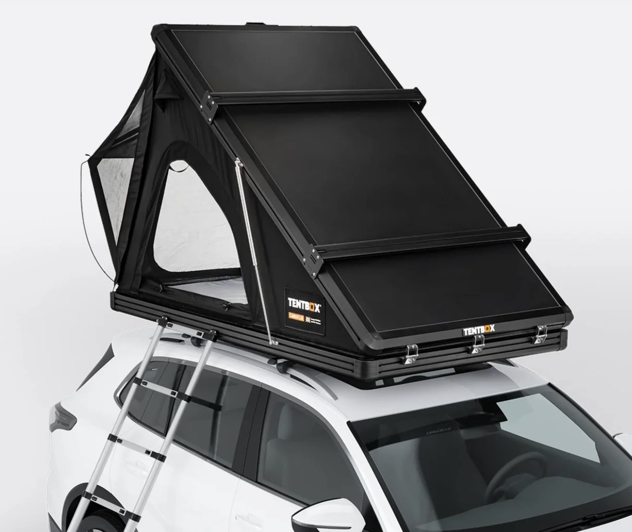 TentBox Cargo roof tent fitted to a white car
