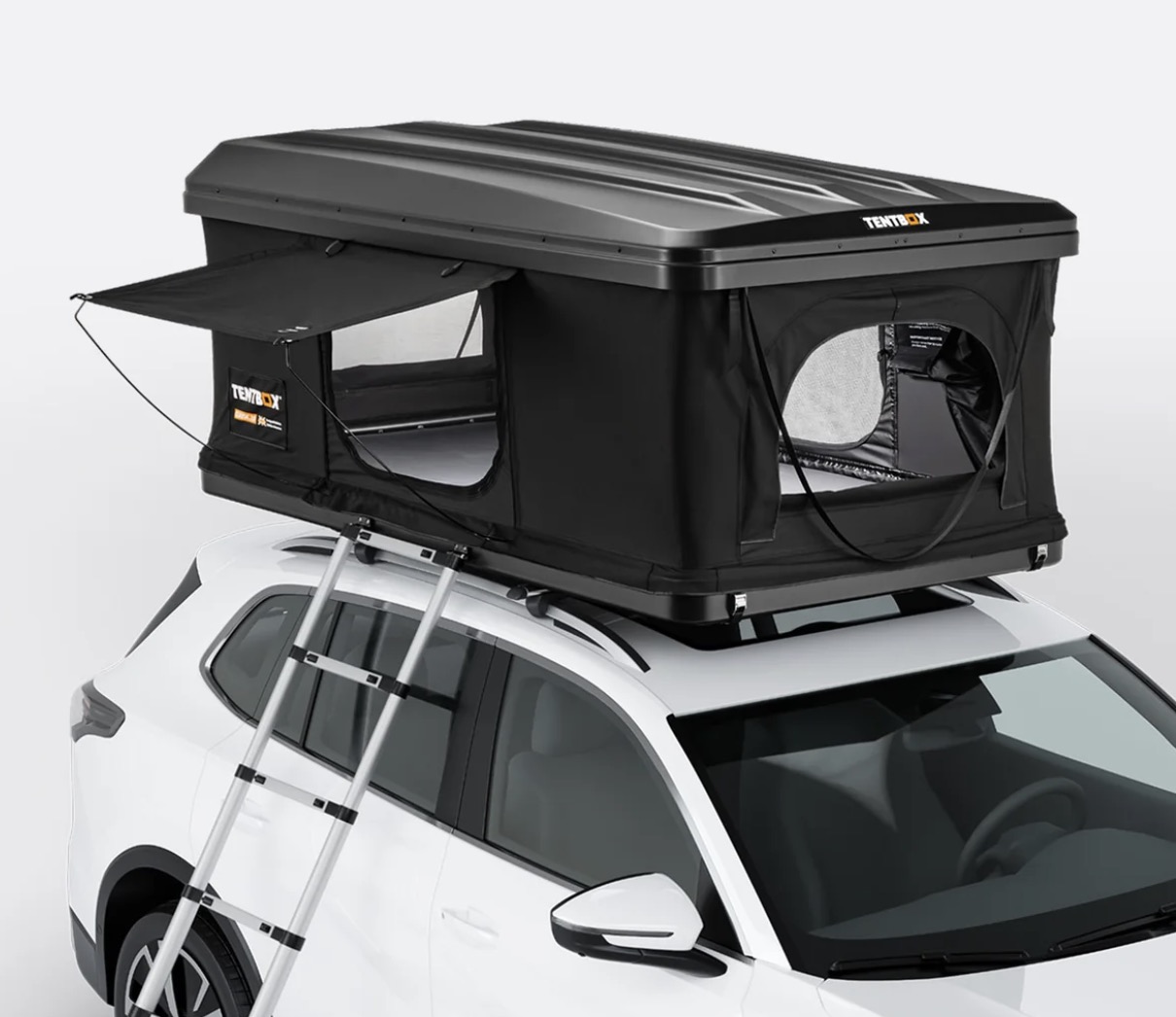 TentBox Classic roof tent fitted to a white car
