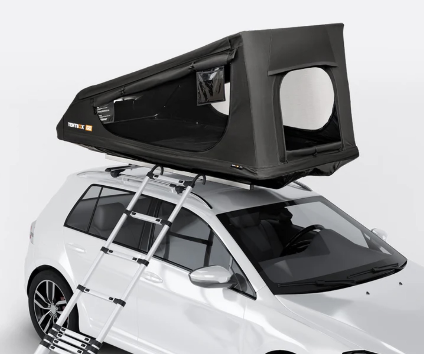 TentBox GO roof tent fitted to a white car