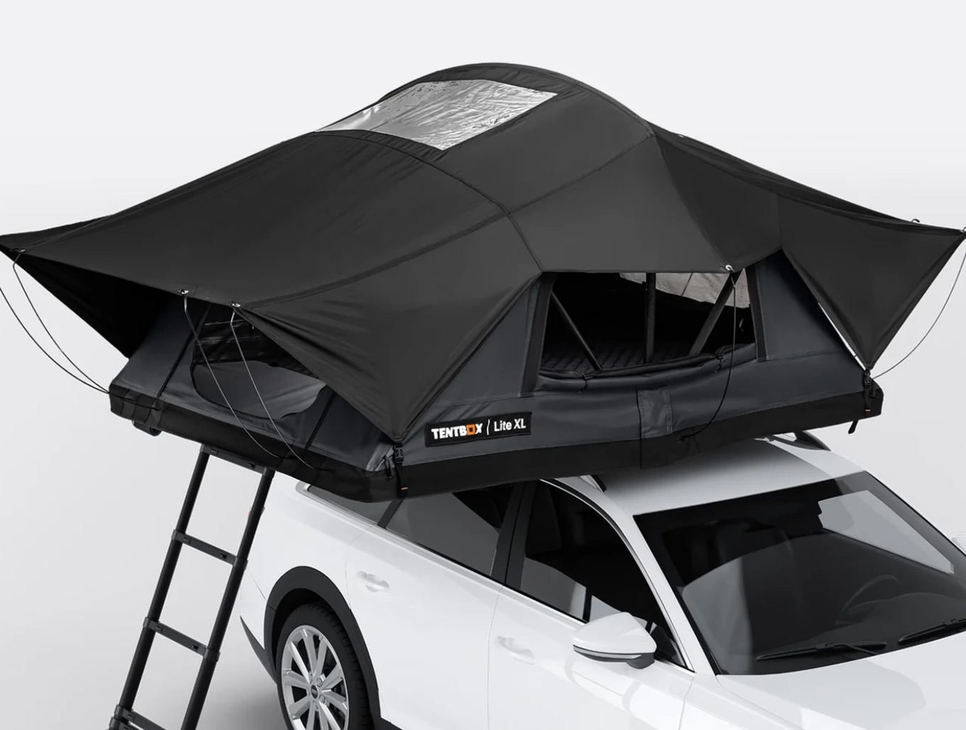 TentBox Lite XL roof tent fitted to a white car